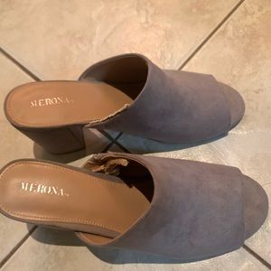 Merona brand light gray mule heels. Size 6.5. Chunky heel, great for fall.